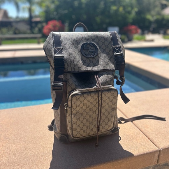 GG SUPREME CANVAS INTERLOCKING G BACKPACK- BEIGE/BROWN - Picture 1 of 10